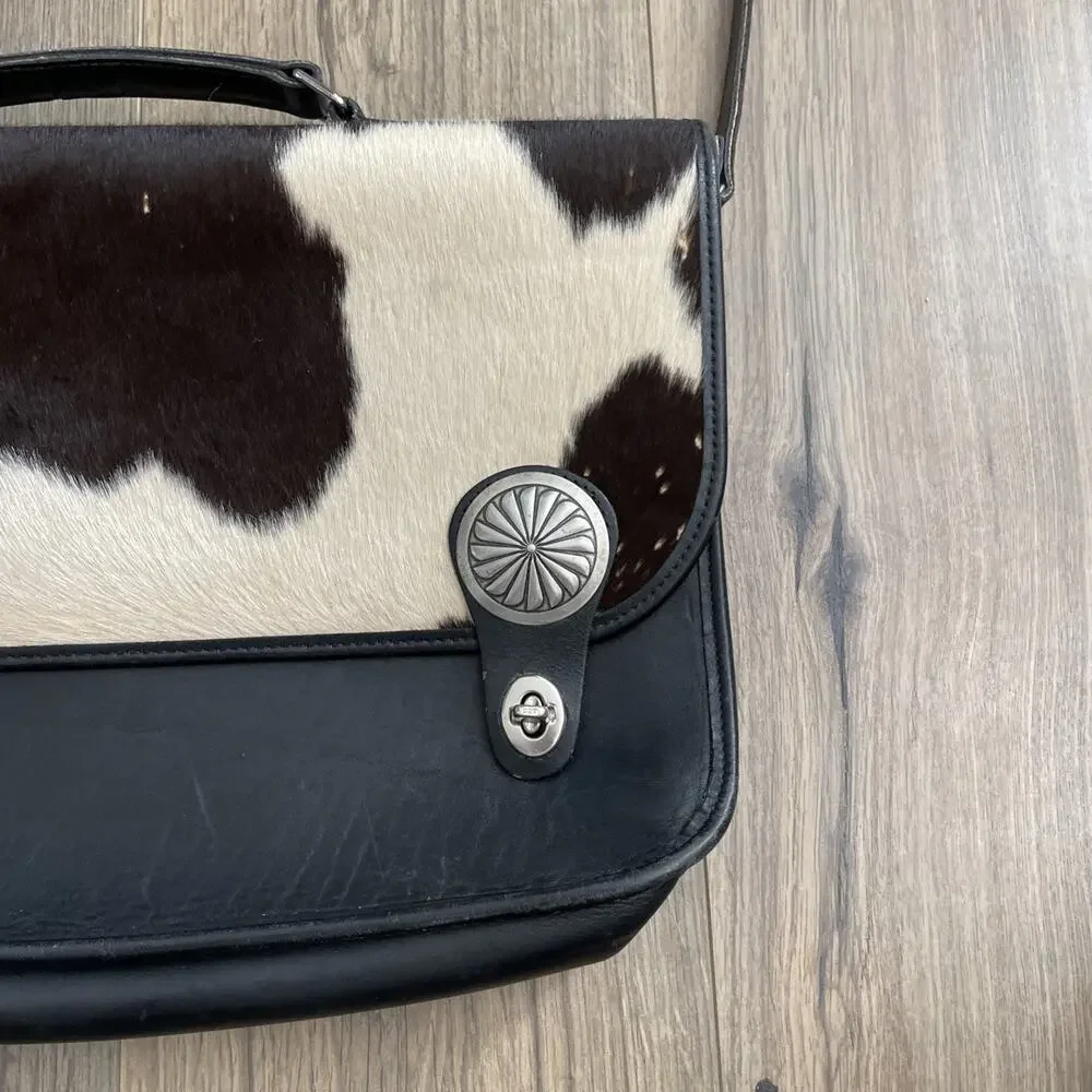 Vintage Leather Crossbody Bag Silver Concho Western Boho Briefcase Calf Hair EUC